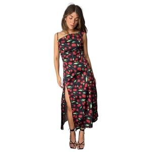 For Love & Lemons Xena Cherry Print Satin Midi Dress Women’s US XS